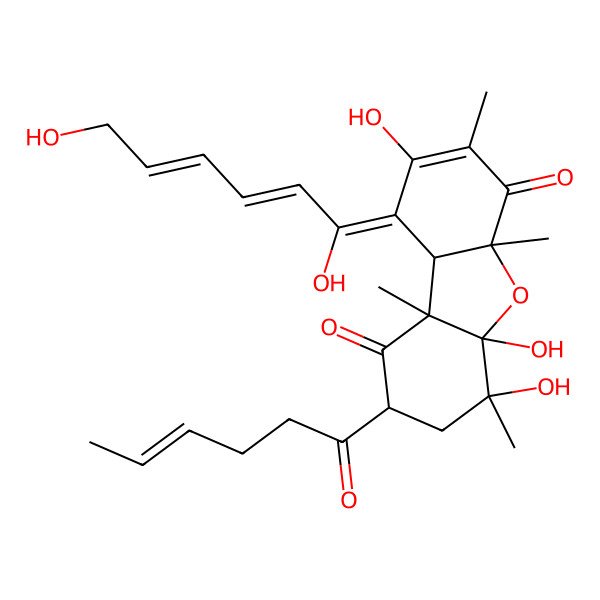 2D Structure of 9-(1,6-dihydroxyhexa-2,4-dienylidene)-2-hex-4-enoyl-4,4a,8-trihydroxy-4,5a,7,9b-tetramethyl-3,9a-dihydro-2H-dibenzofuran-1,6-dione