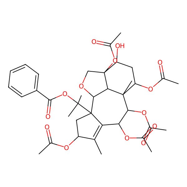 2D Structure of 2-(4,7,8,10,13-Pentaacetyloxy-12-hydroxy-5,9-dimethyl-15-oxatetracyclo[7.6.1.02,6.013,16]hexadec-5-en-2-yl)propan-2-yl benzoate