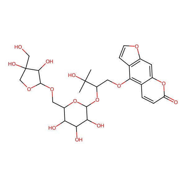 2D Structure of 4-[(2R)-2-[(2S,3R,4S,5S,6R)-6-[[(2R,3R,4R)-3,4-dihydroxy-4-(hydroxymethyl)oxolan-2-yl]oxymethyl]-3,4,5-trihydroxyoxan-2-yl]oxy-3-hydroxy-3-methylbutoxy]furo[3,2-g]chromen-7-one