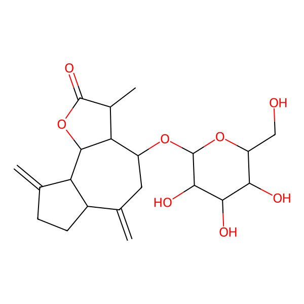 2D Structure of (3S,3aR,4S,6aR,9aR,9bR)-3-methyl-6,9-dimethylidene-4-[(2R,3R,4S,5S,6R)-3,4,5-trihydroxy-6-(hydroxymethyl)oxan-2-yl]oxy-3a,4,5,6a,7,8,9a,9b-octahydro-3H-azuleno[4,5-b]furan-2-one