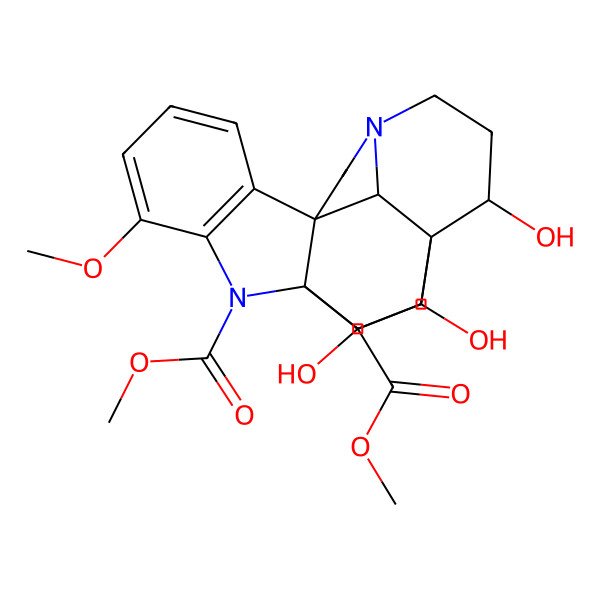 2D Structure of Dimethyl 15,17,18-trihydroxy-4-methoxy-2,12-diazahexacyclo[14.2.2.19,12.01,9.03,8.016,21]henicosa-3(8),4,6-triene-2,18-dicarboxylate
