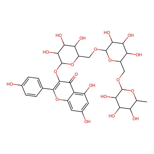 2D Structure of 5,7-dihydroxy-2-(4-hydroxyphenyl)-3-[(2R,3S,4R,5S,6S)-3,4,5-trihydroxy-6-[[(2S,3S,4R,5R,6S)-3,4,5-trihydroxy-6-[[(2S,3R,4R,5R,6S)-3,4,5-trihydroxy-6-methyloxan-2-yl]oxymethyl]oxan-2-yl]oxymethyl]oxan-2-yl]oxychromen-4-one