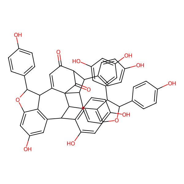 2D Structure of (1R,3S,7R,8R,15S,21S,22R,25S,26R,27R)-22-(3,5-dihydroxyphenyl)-12,17-dihydroxy-8,21,26,27-tetrakis(4-hydroxyphenyl)-9,20-dioxaoctacyclo[13.10.1.13,25.17,10.01,6.016,24.019,23.014,28]octacosa-5,10,12,14(28),16(24),17,19(23)-heptaene-2,4-dione
