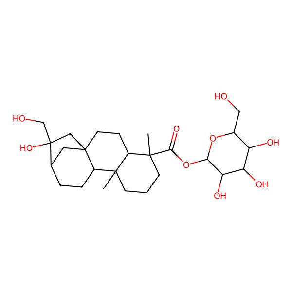 2D Structure of [(2S,3R,4S,5S,6R)-3,4,5-trihydroxy-6-(hydroxymethyl)oxan-2-yl] (1S,4S,5S,9S,10S,13R,14R)-14-hydroxy-14-(hydroxymethyl)-5,9-dimethyltetracyclo[11.2.1.01,10.04,9]hexadecane-5-carboxylate