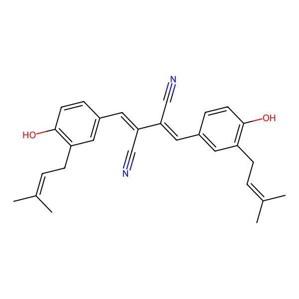 2D Structure of 2,3-Bis[[4-hydroxy-3-(3-methylbut-2-enyl)phenyl]methylidene]butanedinitrile
