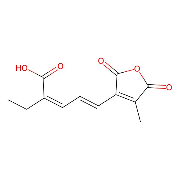 2D Structure of 2,3-didehydrotelfairic anhydride (1'E,3'E)-2-(4-carboxyhexa-1,3-dienyl)-3 methylmaleic anhydride