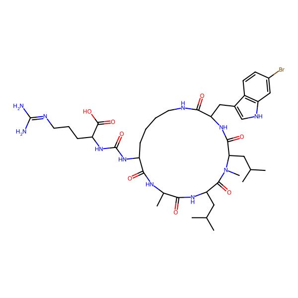 2D Structure of 2-[[3-[(6-bromo-1H-indol-3-yl)methyl]-7,12-dimethyl-6,9-bis(2-methylpropyl)-2,5,8,11,14-pentaoxo-1,4,7,10,13-pentazacyclononadec-15-yl]carbamoylamino]-5-(diaminomethylideneamino)pentanoic acid