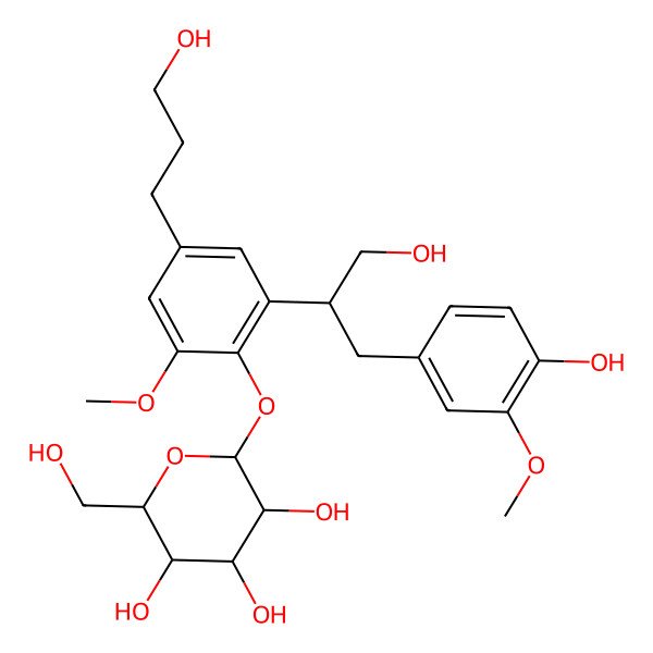 2D Structure of (2S,3R,4S,5S,6R)-2-[2-[(2S)-1-hydroxy-3-(4-hydroxy-3-methoxyphenyl)propan-2-yl]-4-(3-hydroxypropyl)-6-methoxyphenoxy]-6-(hydroxymethyl)oxane-3,4,5-triol