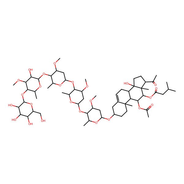 2D Structure of [(3R,8R,9S,10R,11S,12S,13S,14S,17S)-17-acetyl-11-acetyloxy-14-hydroxy-3-[(2R,4S,5R,6R)-5-[(2S,4S,5R,6R)-5-[(2S,4R,5R,6R)-5-[(2S,3R,4S,5R,6R)-3-hydroxy-4-methoxy-6-methyl-5-[(2S,3R,4S,5S,6R)-3,4,5-trihydroxy-6-(hydroxymethyl)oxan-2-yl]oxyoxan-2-yl]oxy-4-methoxy-6-methyloxan-2-yl]oxy-4-methoxy-6-methyloxan-2-yl]oxy-4-methoxy-6-methyloxan-2-yl]oxy-10,13-dimethyl-1,2,3,4,7,8,9,11,12,15,16,17-dodecahydrocyclopenta[a]phenanthren-12-yl] 3-methylbutanoate