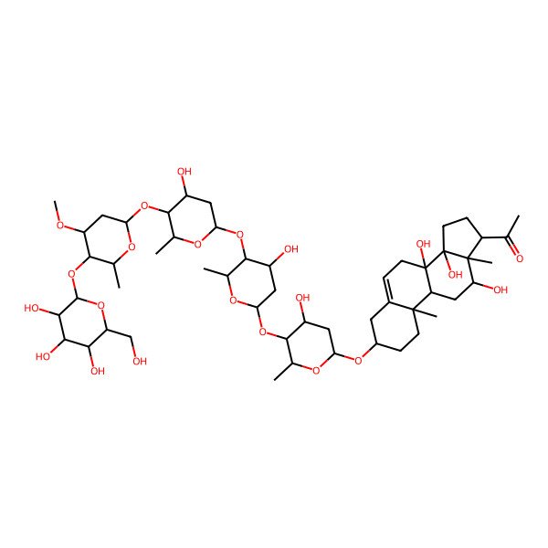 2D Structure of 1-[(3S,8S,9R,10R,12R,13S,14R,17S)-8,12,14-trihydroxy-3-[(2R,4S,5S,6R)-4-hydroxy-5-[(2S,4S,5S,6R)-4-hydroxy-5-[(2S,4S,5S,6R)-4-hydroxy-5-[(2S,4R,5R,6R)-4-methoxy-6-methyl-5-[(2S,3R,4S,5S,6R)-3,4,5-trihydroxy-6-(hydroxymethyl)oxan-2-yl]oxyoxan-2-yl]oxy-6-methyloxan-2-yl]oxy-6-methyloxan-2-yl]oxy-6-methyloxan-2-yl]oxy-10,13-dimethyl-2,3,4,7,9,11,12,15,16,17-decahydro-1H-cyclopenta[a]phenanthren-17-yl]ethanone
