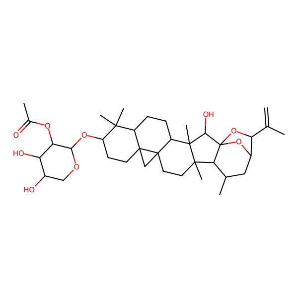 2D Structure of [(2S,3R,4S,5R)-4,5-dihydroxy-2-[[(1S,2R,3S,4R,7R,9S,12R,14S,17R,18R,19R,21R,22R)-2-hydroxy-3,8,8,17,19-pentamethyl-22-prop-1-en-2-yl-23,24-dioxaheptacyclo[19.2.1.01,18.03,17.04,14.07,12.012,14]tetracosan-9-yl]oxy]oxan-3-yl] acetate
