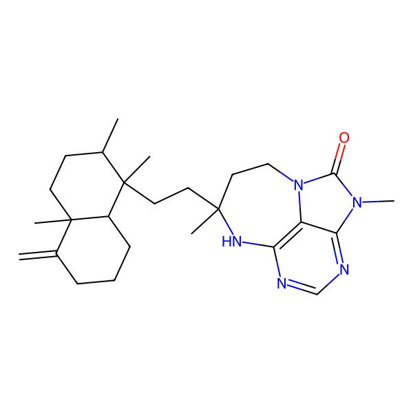 2D Structure of (10S)-10-[2-[(1S,2R,4aR,8aR)-1,2,4a-trimethyl-5-methylidene-3,4,6,7,8,8a-hexahydro-2H-naphthalen-1-yl]ethyl]-3,10-dimethyl-1,3,5,7,9-pentazatricyclo[6.4.1.04,13]trideca-4,6,8(13)-trien-2-one