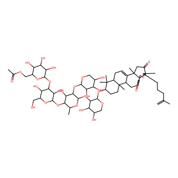 2D Structure of [6-[2-[6-[4,5-Dihydroxy-2-[[2,6,13,17,17-pentamethyl-6-(4-methylpent-4-enyl)-4,8-dioxo-7-oxapentacyclo[10.8.0.02,9.05,9.013,18]icos-1(20)-en-16-yl]oxy]oxan-3-yl]oxy-4-hydroxy-2-methyl-5-(3,4,5-trihydroxyoxan-2-yl)oxyoxan-3-yl]oxy-3,5-dihydroxy-6-(hydroxymethyl)oxan-4-yl]oxy-3,4,5-trihydroxyoxan-2-yl]methyl acetate