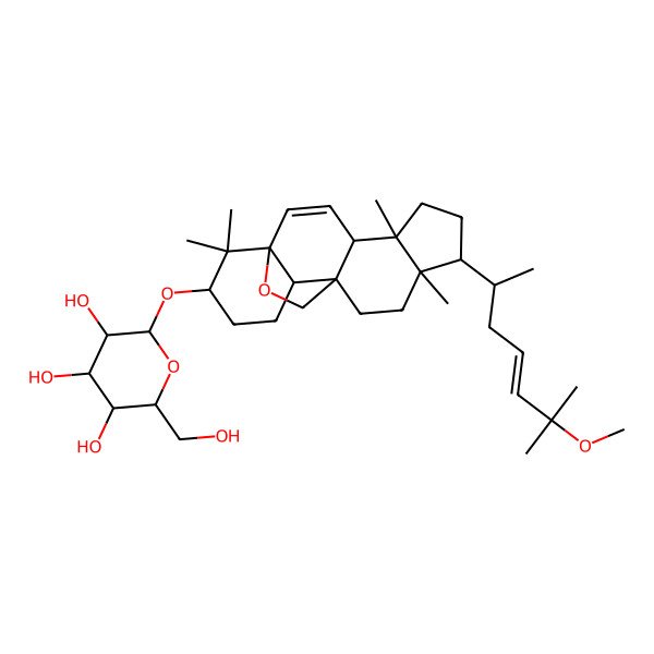 2D Structure of 2-(Hydroxymethyl)-6-[[8-(6-methoxy-6-methylhept-4-en-2-yl)-5,9,17,17-tetramethyl-18-oxapentacyclo[10.5.2.01,13.04,12.05,9]nonadec-2-en-16-yl]oxy]oxane-3,4,5-triol