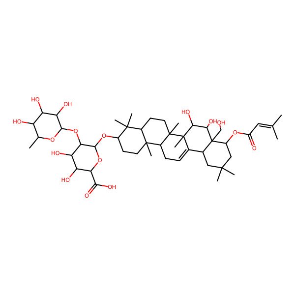 2D Structure of 6-[[7,8-Dihydroxy-8a-(hydroxymethyl)-4,4,6a,6b,11,11,14b-heptamethyl-9-(3-methylbut-2-enoyloxy)-1,2,3,4a,5,6,7,8,9,10,12,12a,14,14a-tetradecahydropicen-3-yl]oxy]-3,4-dihydroxy-5-(3,4,5-trihydroxy-6-methyloxan-2-yl)oxyoxane-2-carboxylic acid