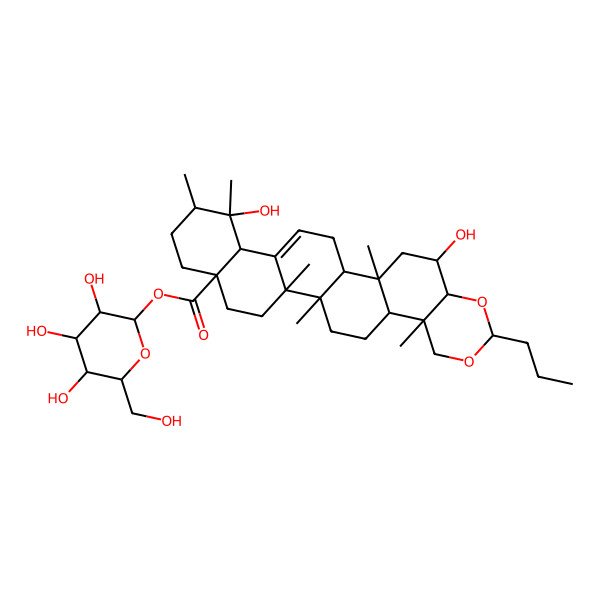 2D Structure of [(2S,3R,4S,5S,6R)-3,4,5-trihydroxy-6-(hydroxymethyl)oxan-2-yl] (1R,2R,4R,5R,7R,10R,11R,14R,15S,18S,21R,22R,23S)-4,22-dihydroxy-2,10,14,15,21,22-hexamethyl-7-propyl-6,8-dioxahexacyclo[12.12.0.02,11.05,10.015,24.018,23]hexacos-24-ene-18-carboxylate