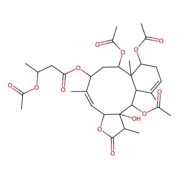2D Structure of (2,12,14-Triacetyloxy-3-hydroxy-4,9,13,17-tetramethyl-5-oxo-6-oxatricyclo[11.4.0.03,7]heptadeca-8,16-dien-10-yl) 3-acetyloxybutanoate