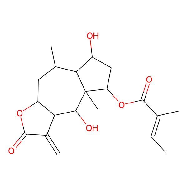 2D Structure of (6,9-dihydroxy-5,8a-dimethyl-1-methylidene-2-oxo-4,5,5a,6,7,8,9,9a-octahydro-3aH-azuleno[6,7-b]furan-8-yl) 2-methylbut-2-enoate