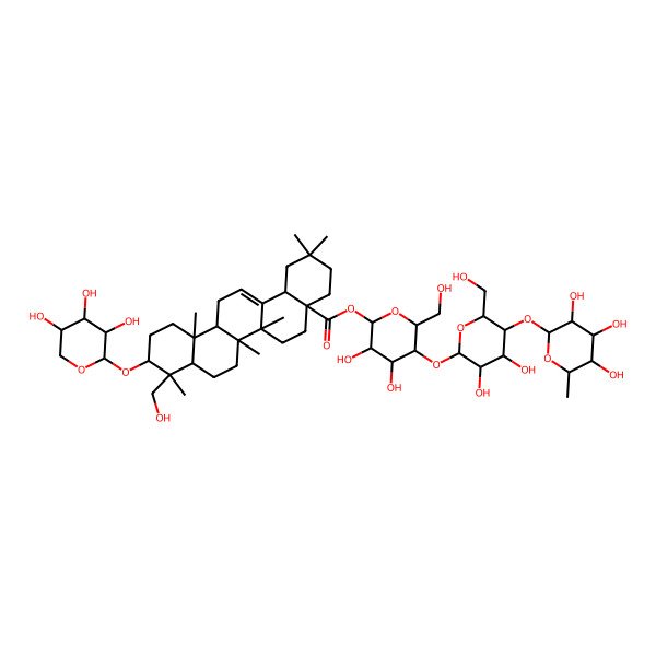 2D Structure of [(2S,3R,4R,5S,6R)-5-[(2S,3R,4R,5S,6R)-3,4-dihydroxy-6-(hydroxymethyl)-5-[(2S,3R,4R,5R,6S)-3,4,5-trihydroxy-6-methyloxan-2-yl]oxyoxan-2-yl]oxy-3,4-dihydroxy-6-(hydroxymethyl)oxan-2-yl] (4aS,6aS,6aR,6bR,8aR,9R,10S,12aR,14bS)-9-(hydroxymethyl)-2,2,6a,6b,9,12a-hexamethyl-10-[(2S,3R,4S,5S)-3,4,5-trihydroxyoxan-2-yl]oxy-1,3,4,5,6,6a,7,8,8a,10,11,12,13,14b-tetradecahydropicene-4a-carboxylate