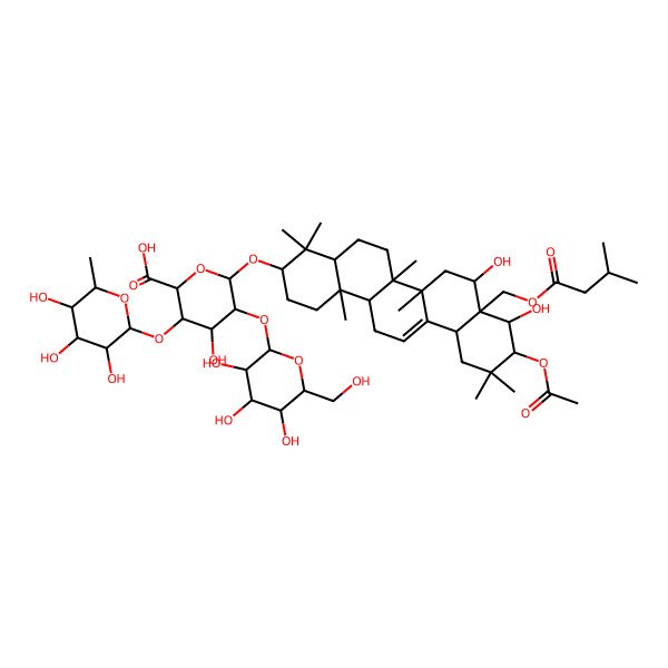 2D Structure of (2S,3S,4S,5R,6R)-6-[[(3S,4aR,6aR,6bS,8R,8aR,9R,10R,12aS,14aR,14bR)-10-acetyloxy-8,9-dihydroxy-4,4,6a,6b,11,11,14b-heptamethyl-8a-(3-methylbutanoyloxymethyl)-1,2,3,4a,5,6,7,8,9,10,12,12a,14,14a-tetradecahydropicen-3-yl]oxy]-4-hydroxy-5-[(2S,3R,4S,5R,6R)-3,4,5-trihydroxy-6-(hydroxymethyl)oxan-2-yl]oxy-3-[(2S,3R,4R,5R,6S)-3,4,5-trihydroxy-6-methyloxan-2-yl]oxyoxane-2-carboxylic acid