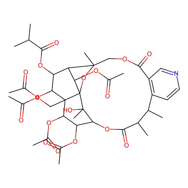 2D Structure of [18,19,21,24-Tetraacetyloxy-20-(acetyloxymethyl)-25-hydroxy-3,13,14,25-tetramethyl-6,15-dioxo-2,5,16-trioxa-9-azapentacyclo[15.7.1.01,20.03,23.07,12]pentacosa-7(12),8,10-trien-22-yl] 2-methylpropanoate