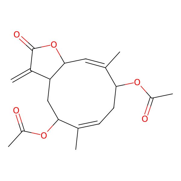 2D Structure of [(3aS,5S,6E,9S,10E,11aR)-5-acetyloxy-6,10-dimethyl-3-methylidene-2-oxo-3a,4,5,8,9,11a-hexahydrocyclodeca[b]furan-9-yl] acetate