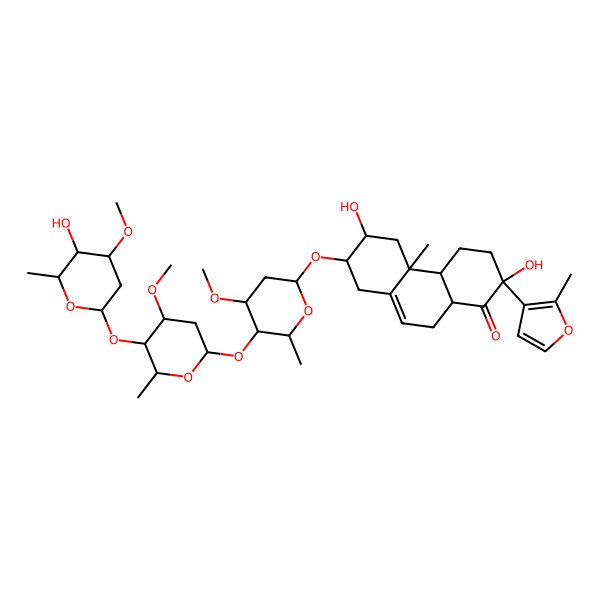 2D Structure of (2S,4aS,4bR,6R,7R,10aR)-2,6-dihydroxy-7-[(2S,4S,5R,6R)-5-[(2S,4S,5R,6R)-5-[(2S,4R,5S,6S)-5-hydroxy-4-methoxy-6-methyloxan-2-yl]oxy-4-methoxy-6-methyloxan-2-yl]oxy-4-methoxy-6-methyloxan-2-yl]oxy-4b-methyl-2-(2-methylfuran-3-yl)-4,4a,5,6,7,8,10,10a-octahydro-3H-phenanthren-1-one