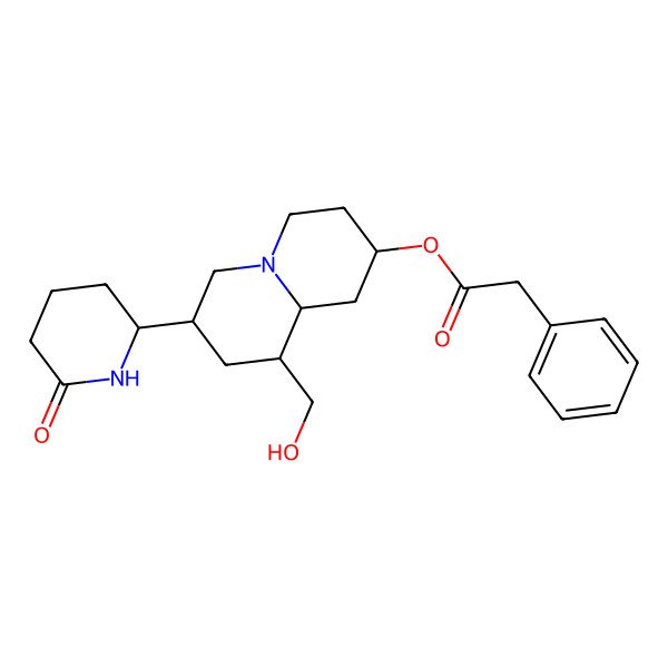 2D Structure of [9-(hydroxymethyl)-7-(6-oxopiperidin-2-yl)-2,3,4,6,7,8,9,9a-octahydro-1H-quinolizin-2-yl] 2-phenylacetate
