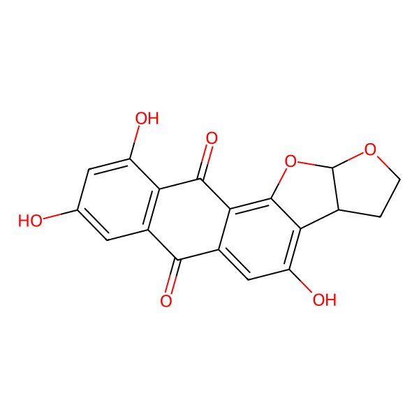 2D Structure of 10,16,18-Trihydroxy-3,5-dioxapentacyclo[10.8.0.02,9.04,8.014,19]icosa-1,9,11,14(19),15,17-hexaene-13,20-dione