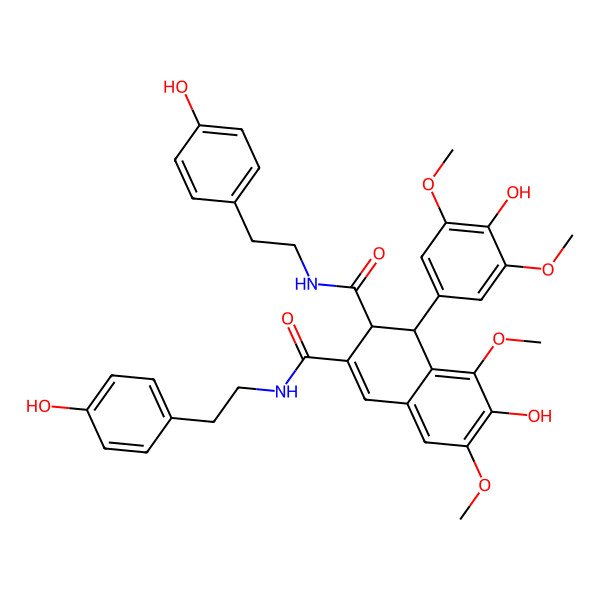 2D Structure of 7-hydroxy-1-(4-hydroxy-3,5-dimethoxyphenyl)-2-N,3-N-bis[2-(4-hydroxyphenyl)ethyl]-6,8-dimethoxy-1,2-dihydronaphthalene-2,3-dicarboxamide