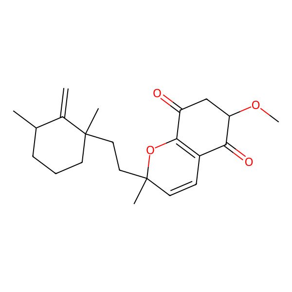 2D Structure of (2S,6R)-2-[2-[(1R,3R)-1,3-dimethyl-2-methylidenecyclohexyl]ethyl]-6-methoxy-2-methyl-6,7-dihydrochromene-5,8-dione