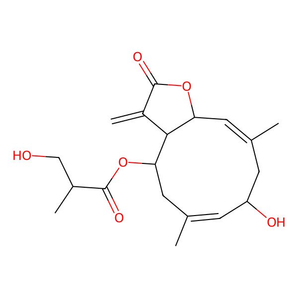 2D Structure of (8-Hydroxy-6,10-dimethyl-3-methylidene-2-oxo-3a,4,5,8,9,11a-hexahydrocyclodeca[b]furan-4-yl) 3-hydroxy-2-methylpropanoate