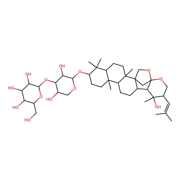 2D Structure of (2S,3R,4S,5S,6R)-2-[(2S,3R,4S,5S)-3,5-dihydroxy-2-[[(1S,2R,5R,7S,10R,11S,14S,15R,16S,17R,20R)-16-hydroxy-2,6,6,10,16-pentamethyl-17-(2-methylprop-1-enyl)-19,21-dioxahexacyclo[18.2.1.01,14.02,11.05,10.015,20]tricosan-7-yl]oxy]oxan-4-yl]oxy-6-(hydroxymethyl)oxane-3,4,5-triol