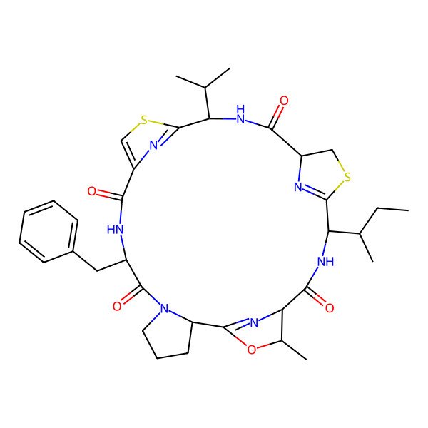 2D Structure of 8-Benzyl-22-butan-2-yl-26-methyl-15-propan-2-yl-27-oxa-13,20-dithia-6,9,16,23,28,29,30-heptazapentacyclo[23.2.1.111,14.118,21.02,6]triaconta-1(28),11,14(30),21(29)-tetraene-7,10,17,24-tetrone