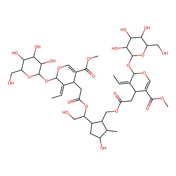 2D Structure of methyl (4S,5E,6S)-5-ethylidene-4-[2-[[(1R,2R,3R,5R)-5-[(1R)-1-[2-[(2S,3E,4S)-3-ethylidene-5-methoxycarbonyl-2-[(2S,3R,4S,5S,6R)-3,4,5-trihydroxy-6-(hydroxymethyl)oxan-2-yl]oxy-4H-pyran-4-yl]acetyl]oxy-2-hydroxyethyl]-3-hydroxy-2-methylcyclopentyl]methoxy]-2-oxoethyl]-6-[(2S,3R,4S,5S,6R)-3,4,5-trihydroxy-6-(hydroxymethyl)oxan-2-yl]oxy-4H-pyran-3-carboxylate
