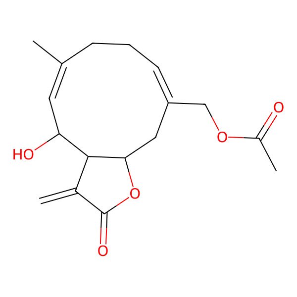 2D Structure of [(3aS,4R,5E,9Z,11aS)-4-hydroxy-6-methyl-3-methylidene-2-oxo-3a,4,7,8,11,11a-hexahydrocyclodeca[b]furan-10-yl]methyl acetate