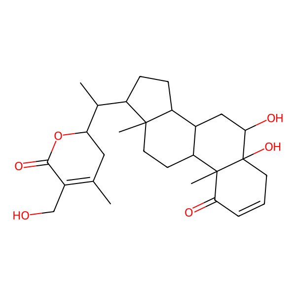 2D Structure of (2S)-2-[(1S)-1-[(5R,6R,8S,9S,10R,13S,14S,17R)-5,6-dihydroxy-10,13-dimethyl-1-oxo-6,7,8,9,11,12,14,15,16,17-decahydro-4H-cyclopenta[a]phenanthren-17-yl]ethyl]-5-(hydroxymethyl)-4-methyl-2,3-dihydropyran-6-one