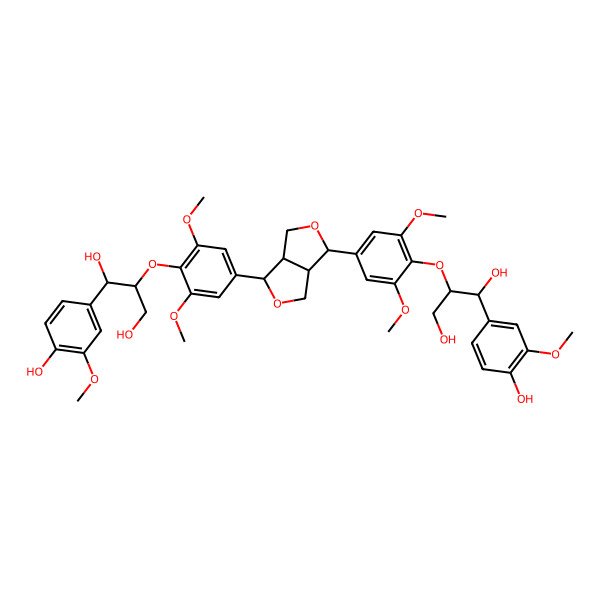 2D Structure of (1R,2S)-2-[4-[(3S,3aR,6S,6aR)-6-[4-[(1S,2S)-1,3-dihydroxy-1-(4-hydroxy-3-methoxyphenyl)propan-2-yl]oxy-3,5-dimethoxyphenyl]-1,3,3a,4,6,6a-hexahydrofuro[3,4-c]furan-3-yl]-2,6-dimethoxyphenoxy]-1-(4-hydroxy-3-methoxyphenyl)propane-1,3-diol