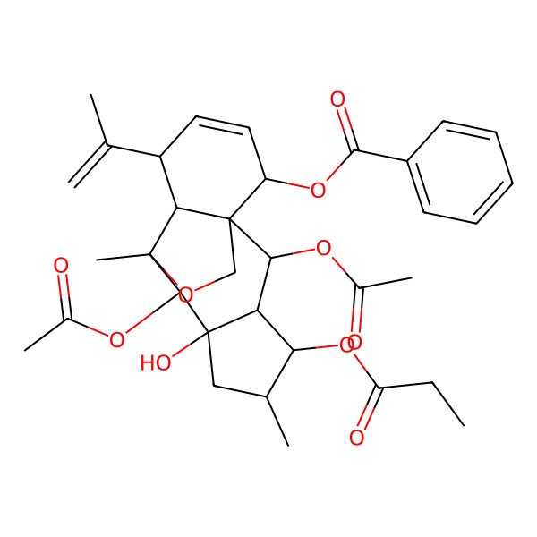 2D Structure of (2,8-Diacetyloxy-7-hydroxy-5,9-dimethyl-4-propanoyloxy-11-prop-1-en-2-yl-16-oxatetracyclo[7.5.2.01,10.03,7]hexadec-12-en-14-yl) benzoate