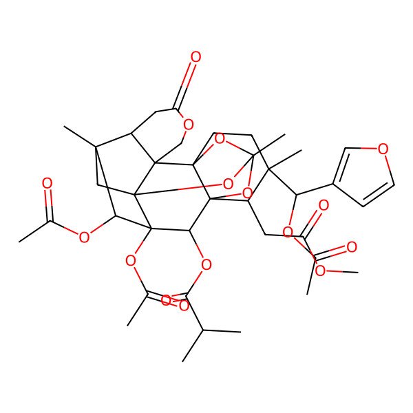 2D Structure of [12,13-Diacetyloxy-8-[acetyloxy(furan-3-yl)methyl]-9-(2-methoxy-2-oxoethyl)-3,8,14-trimethyl-17-oxo-2,4,18,22-tetraoxaheptacyclo[12.6.1.13,10.01,12.05,10.05,20.015,20]docosan-11-yl] 2-methylpropanoate