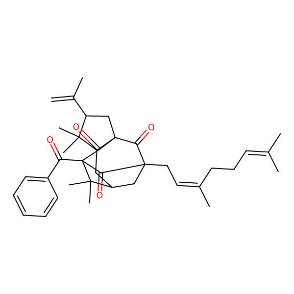 2D Structure of 9-Benzoyl-11-(3,7-dimethylocta-2,6-dienyl)-4,4,8,8-tetramethyl-3-prop-1-en-2-yltetracyclo[7.3.1.17,11.01,5]tetradecane-10,12,13-trione