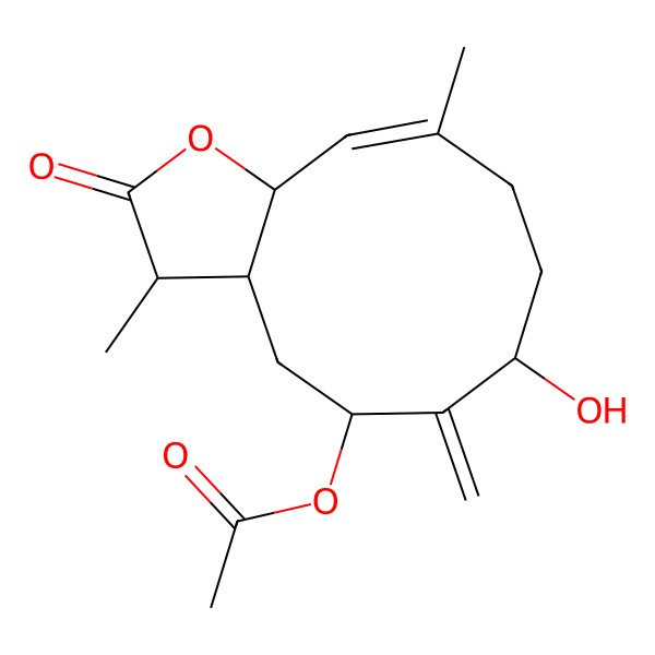 2D Structure of [(3S,7R,10E,11aS)-7-hydroxy-3,10-dimethyl-6-methylidene-2-oxo-3,3a,4,5,7,8,9,11a-octahydrocyclodeca[b]furan-5-yl] acetate