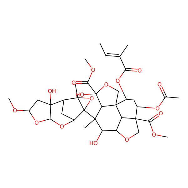 2D Structure of Dimethyl 12-acetyloxy-4,7-dihydroxy-6-(2-hydroxy-4-methoxy-11-methyl-5,7,10-trioxatetracyclo[6.3.1.02,6.09,11]dodecan-9-yl)-6-methyl-14-(2-methylbut-2-enoyloxy)-3,9-dioxatetracyclo[6.6.1.01,5.011,15]pentadecane-4,11-dicarboxylate