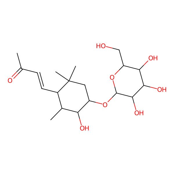 2D Structure of (E)-4-[(1S,4S,5S,6S)-5-hydroxy-2,2,6-trimethyl-4-[(2R,3R,4S,5S,6R)-3,4,5-trihydroxy-6-(hydroxymethyl)oxan-2-yl]oxycyclohexyl]but-3-en-2-one