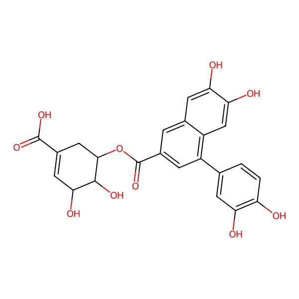 2D Structure of (3R,4R,5R)-5-[4-(3,4-dihydroxyphenyl)-6,7-dihydroxynaphthalene-2-carbonyl]oxy-3,4-dihydroxycyclohexene-1-carboxylic acid