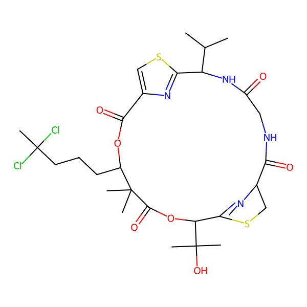 2D Structure of (7S)-3,6,22,23-Tetraaza-14-(4,4-dichloropentyl)-18-(1-hydroxy-isopropyl)-15,15-dimethyl-7-(methylethyl)-13,17-dioxa-9,20-dithiatricyclo[17.2.1.1<8,11>]tricosa-8(23),10,19(22)-triene-2,5,12,16-tetraone