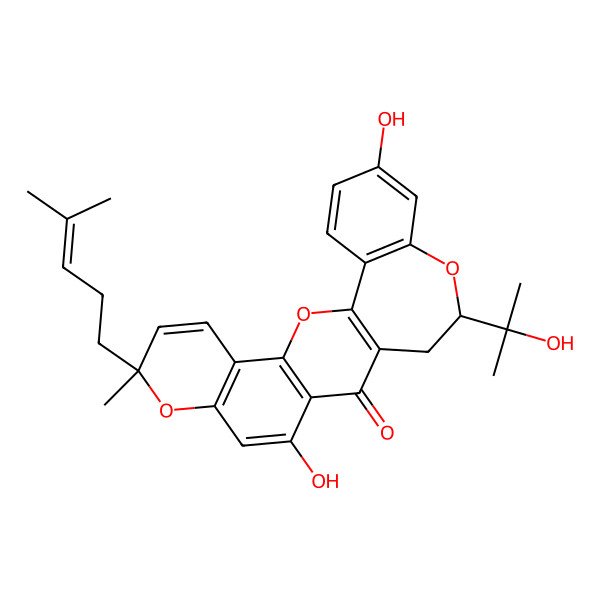 2D Structure of 11,20-Dihydroxy-16-(2-hydroxypropan-2-yl)-7-methyl-7-(4-methylpent-3-enyl)-2,8,17-trioxapentacyclo[12.9.0.03,12.04,9.018,23]tricosa-1(14),3(12),4(9),5,10,18(23),19,21-octaen-13-one