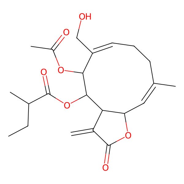 2D Structure of [(3aS,4S,5S,6Z,10E,11aR)-5-acetyloxy-6-(hydroxymethyl)-10-methyl-3-methylidene-2-oxo-3a,4,5,8,9,11a-hexahydrocyclodeca[b]furan-4-yl] (2R)-2-methylbutanoate
