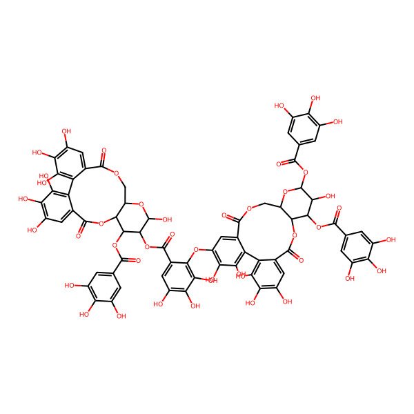 2D Structure of [3,4,5,13,21,22,23-Heptahydroxy-8,18-dioxo-11-(3,4,5-trihydroxybenzoyl)oxy-9,14,17-trioxatetracyclo[17.4.0.02,7.010,15]tricosa-1(23),2,4,6,19,21-hexaen-12-yl] 2-[[3,4,5,12,22,23-hexahydroxy-8,18-dioxo-11,13-bis[(3,4,5-trihydroxybenzoyl)oxy]-9,14,17-trioxatetracyclo[17.4.0.02,7.010,15]tricosa-1(23),2,4,6,19,21-hexaen-21-yl]oxy]-3,4,5-trihydroxybenzoate