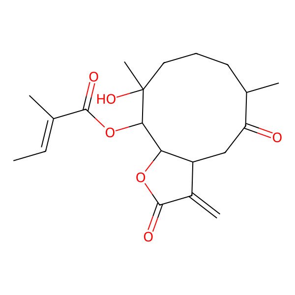2D Structure of (10-Hydroxy-6,10-dimethyl-3-methylidene-2,5-dioxo-3a,4,6,7,8,9,11,11a-octahydrocyclodeca[b]furan-11-yl) 2-methylbut-2-enoate